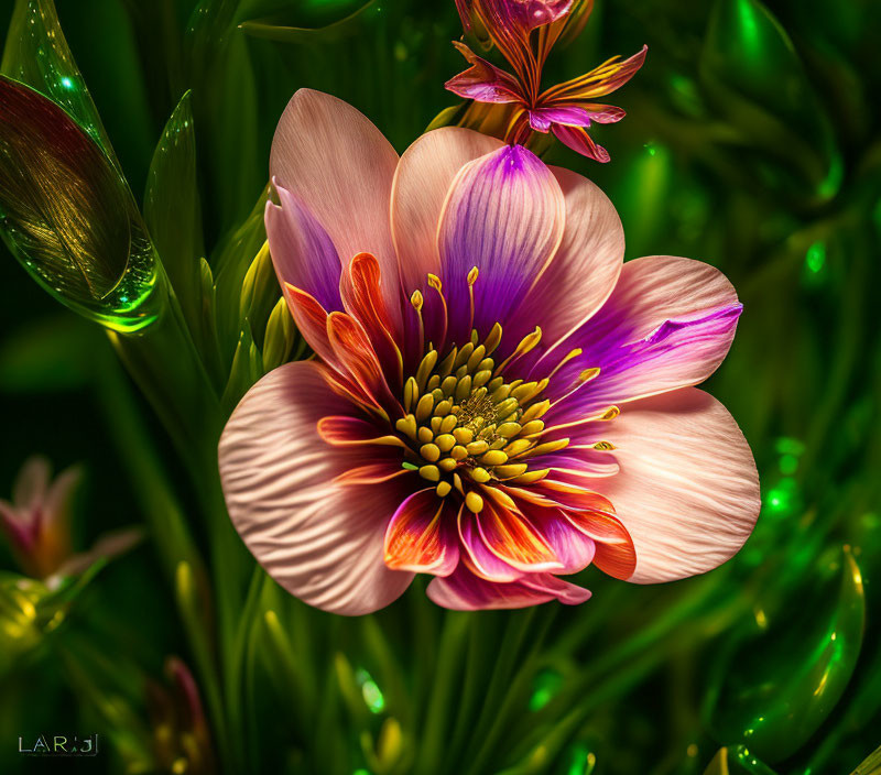 Colorful Pink and Orange Flower with Golden Center and Dark Green Foliage