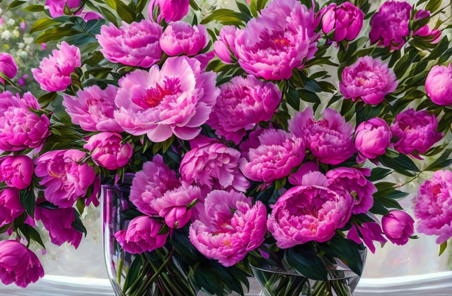 Pink Peonies Bouquet with Lush Petals and Dark Green Foliage