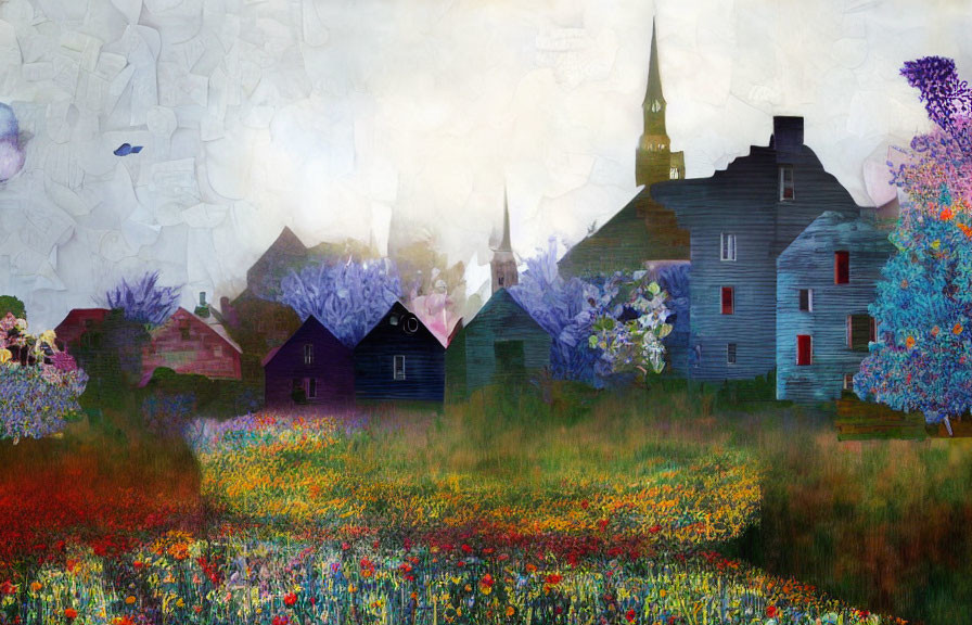 Colorful Impressionistic Painting of Quaint Village and Wildflowers