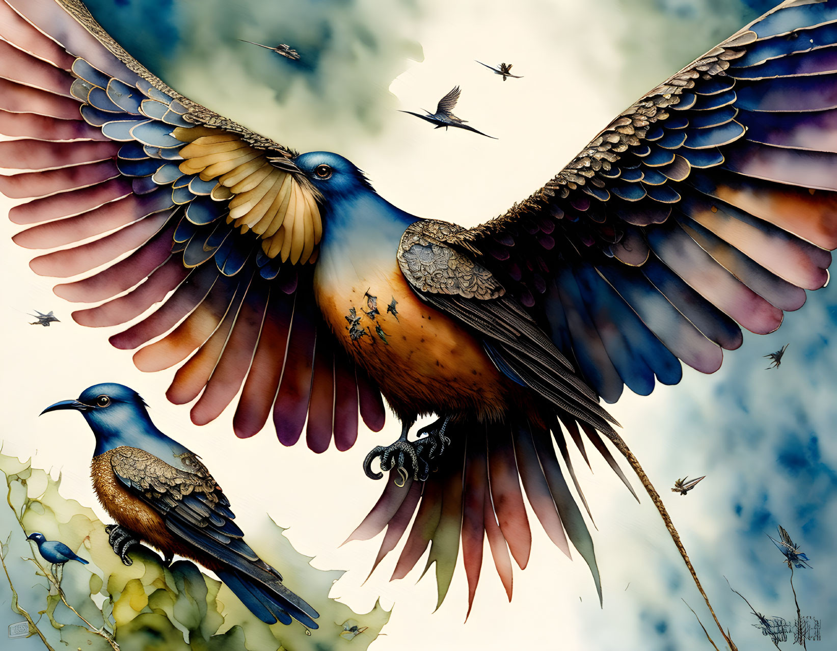 Detailed painting of vibrant birds in flight and perched against cloudy sky