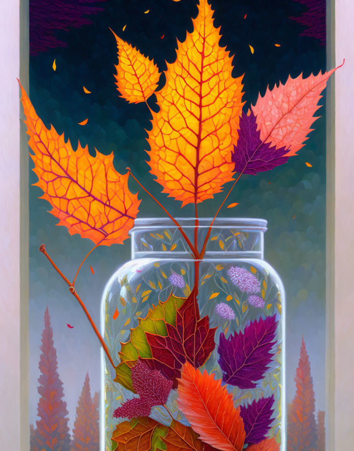 Vibrant autumn leaves in glass jar with twilight forest scene