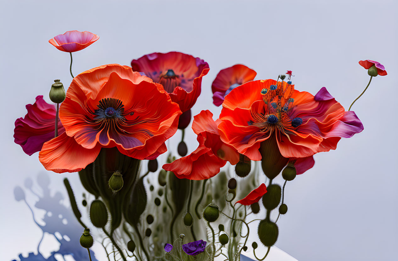 Detailed red poppies with green buds on grey background