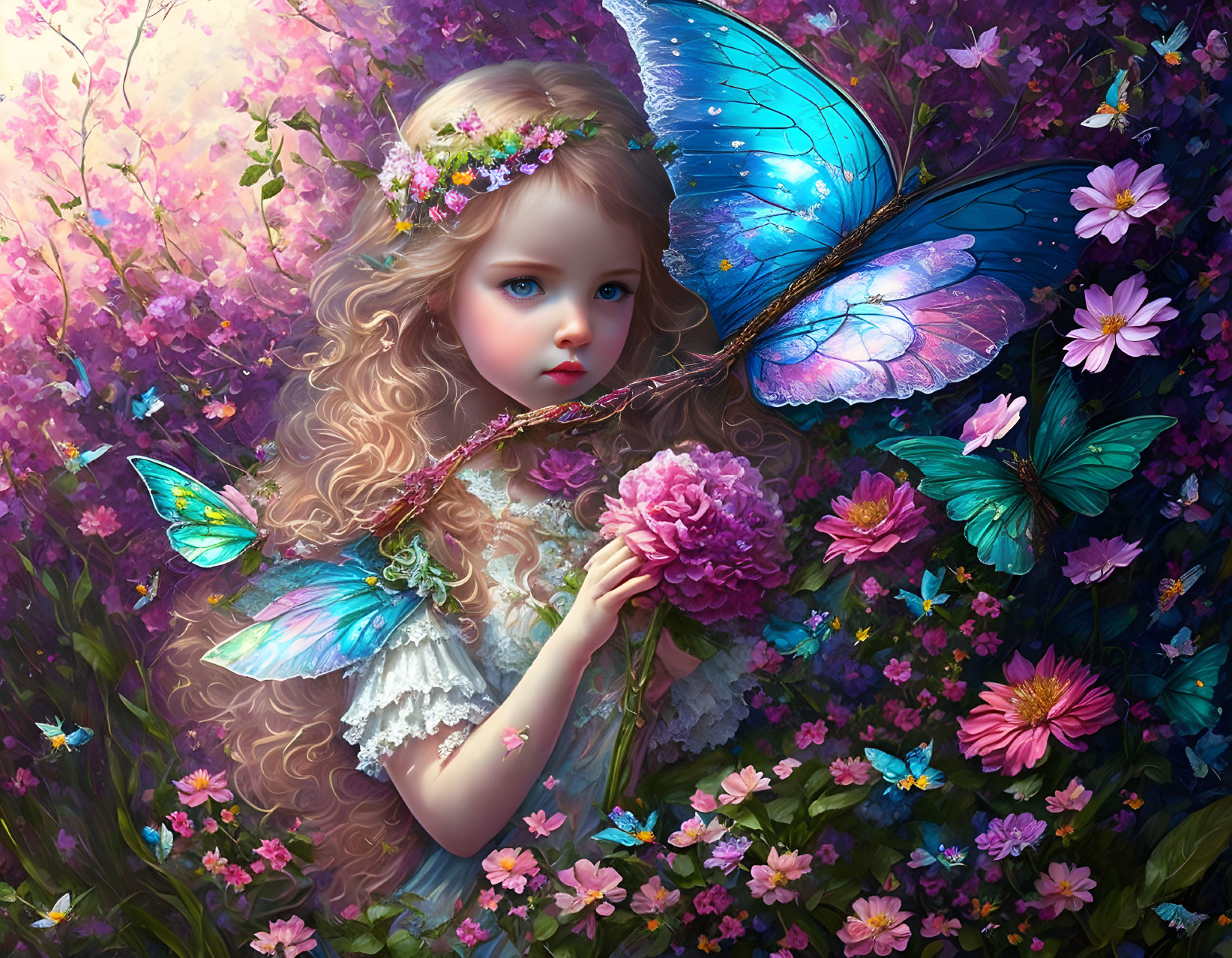 Young girl with fairy wings in vibrant floral scene and butterflies