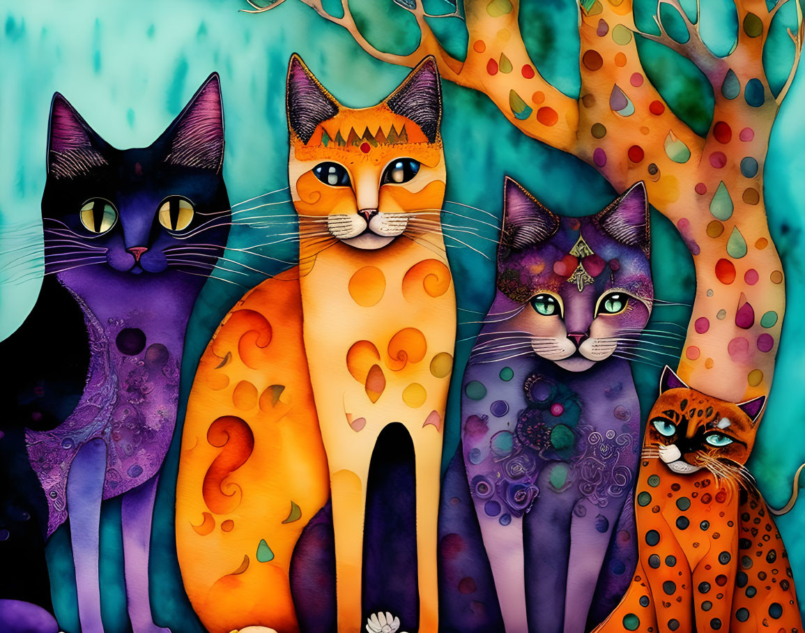 Vibrant Stylized Cats & Abstract Tree Illustration