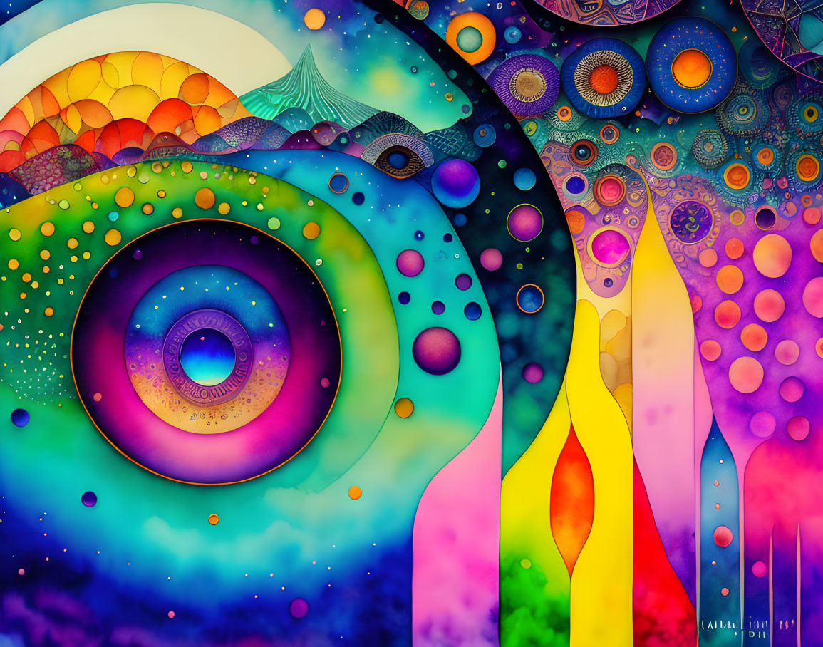 Colorful Psychedelic Artwork with Swirls and Circles in Blue and Yellow Gradient