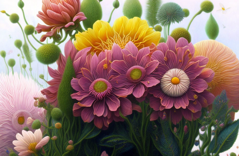 Colorful Bouquet of Pink, Yellow, and Purple Flowers on Soft Background