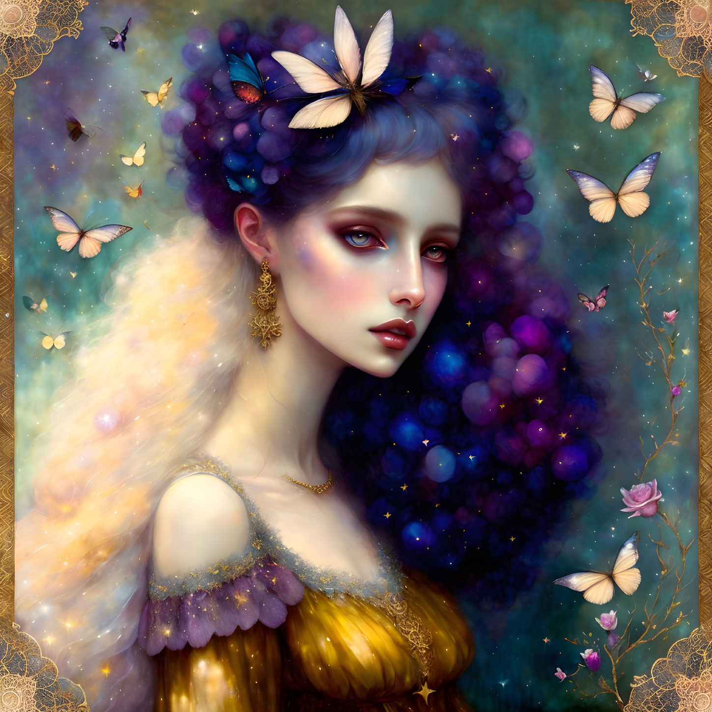 Fantastical illustration: Woman with purple hair, butterflies, flowers.