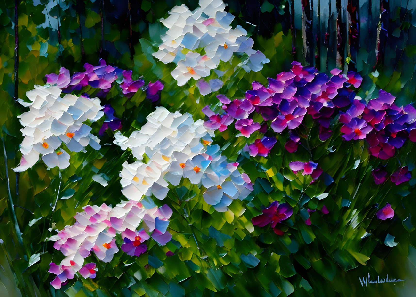 White and Purple Flowers Painting with Textured Brushstrokes