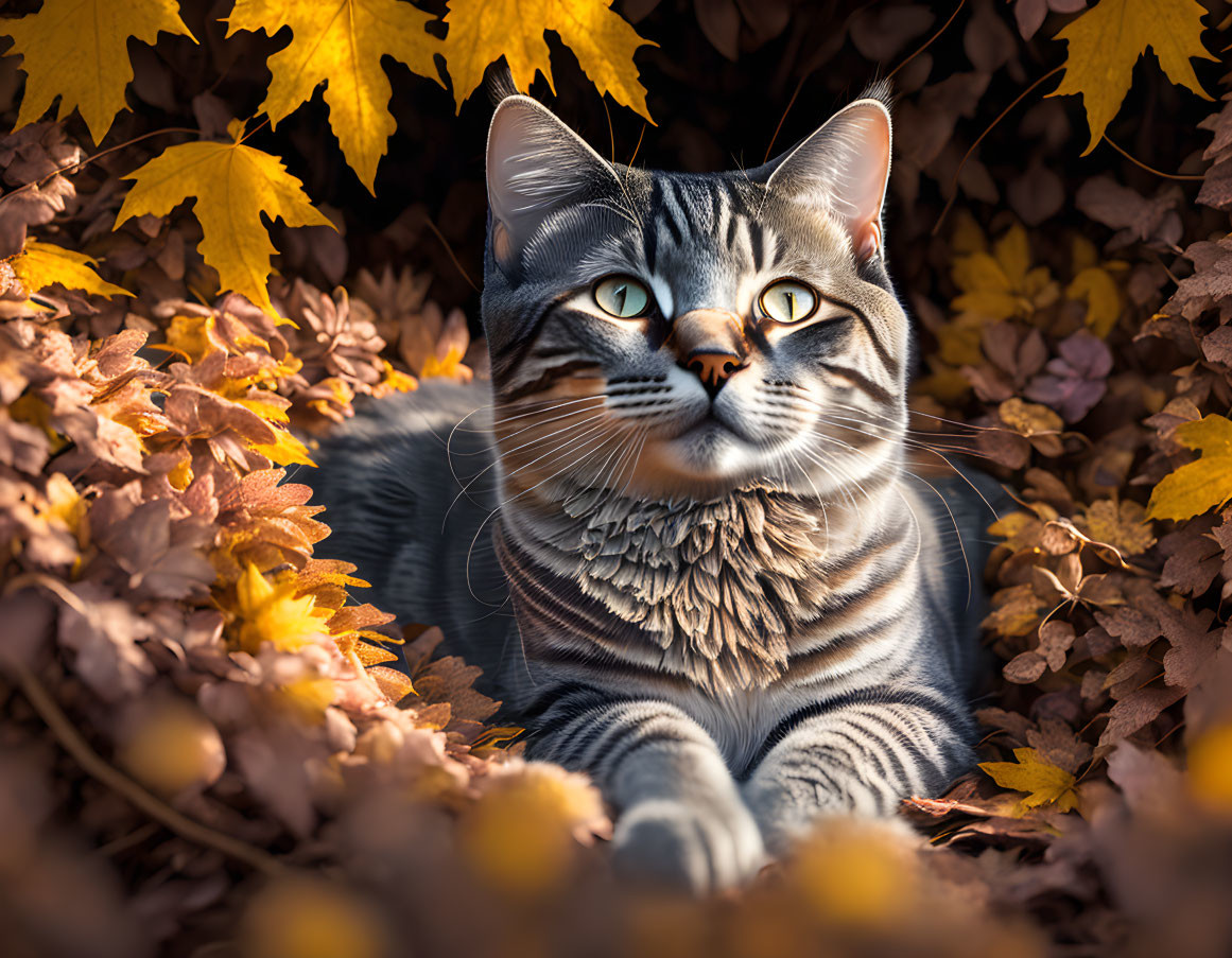 Gray Striped Cat with Blue Eyes in Autumn Leaves