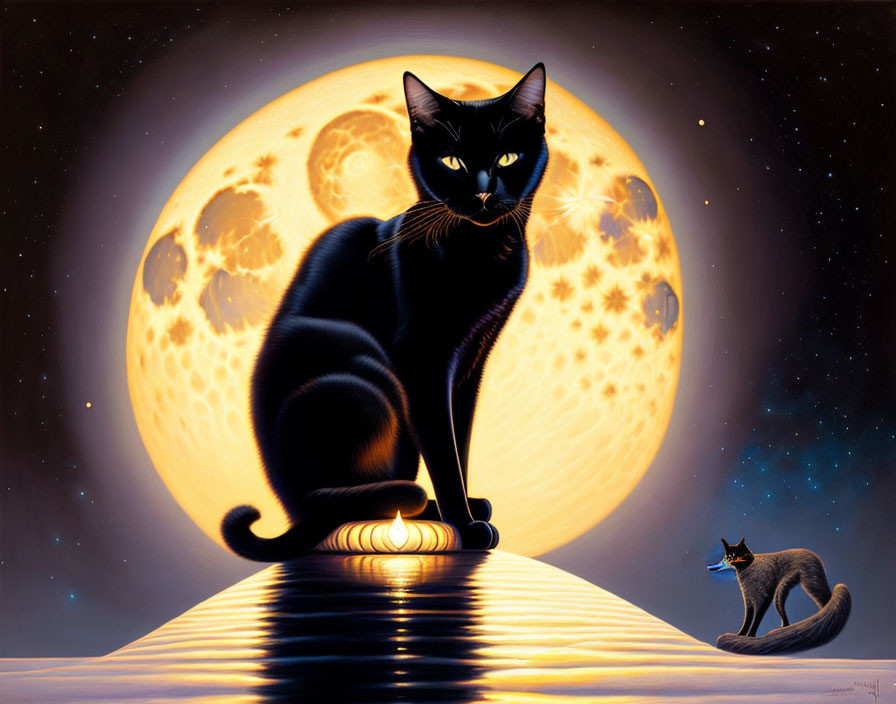 Two cats under full moon: black cat in foreground, smaller cat in distance.