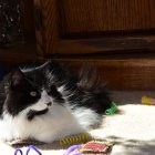 Fluffy calico cat with bright eyes on ornate couch