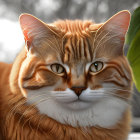 Detailed Orange Tabby Cat Digital Art with Green Eyes & Leafy Background