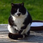 Black and White Cat with Green Eyes on Wooden Surface with Yellow Flowers