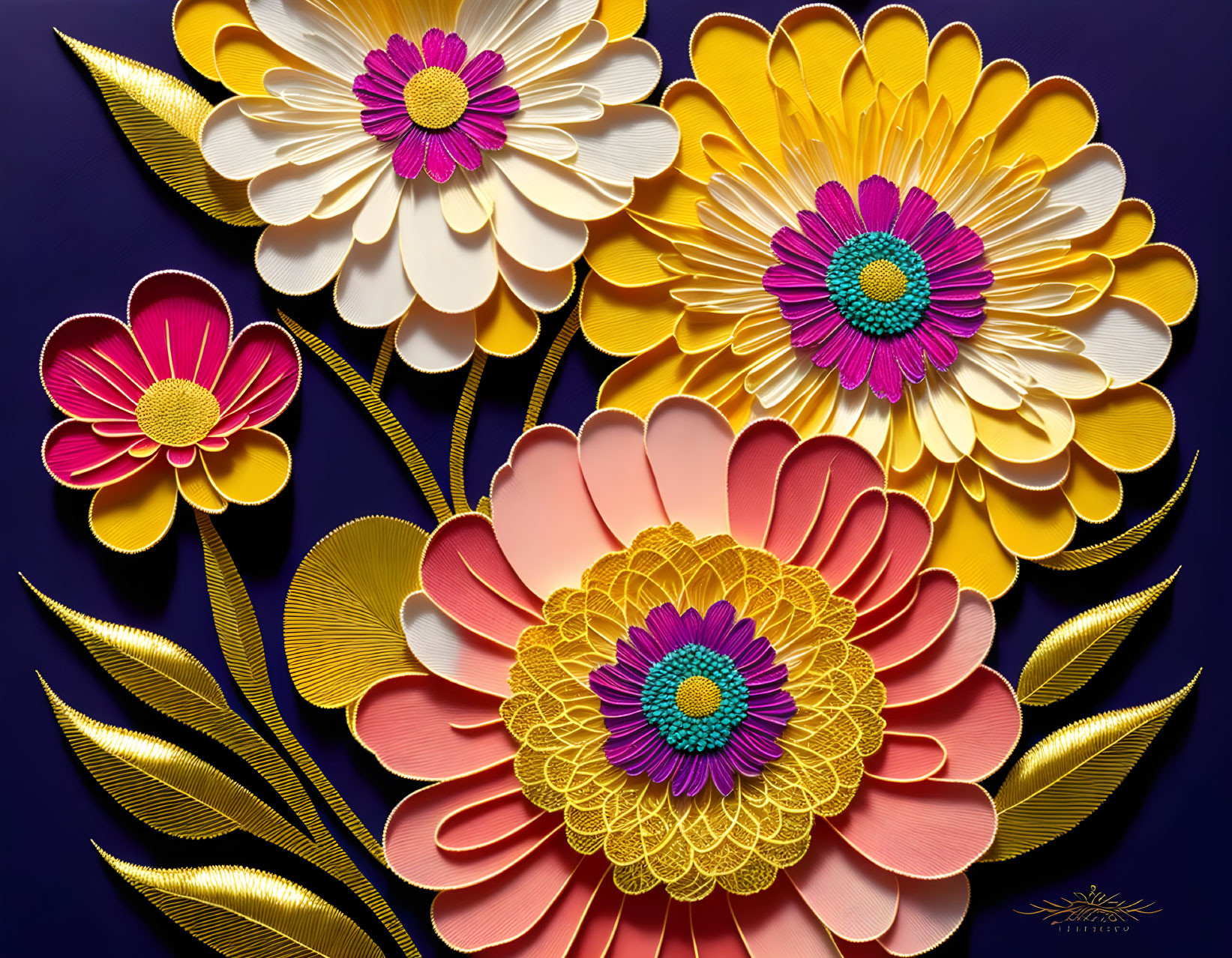 Vibrant paper flowers with intricate petal designs on purple background