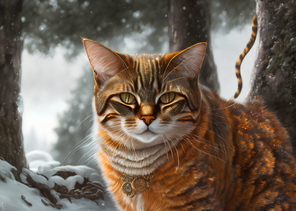 Orange Tabby Cat with Amber Eyes in Snowy Forest Setting