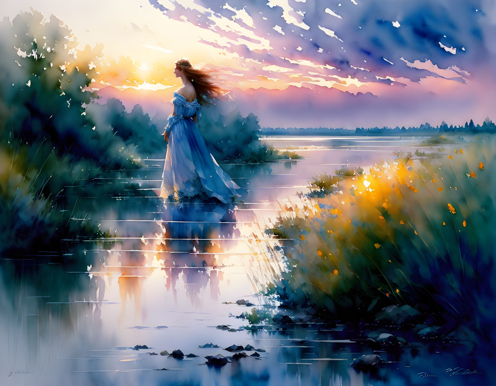 Woman in Blue Dress Standing by Tranquil Lake at Sunset