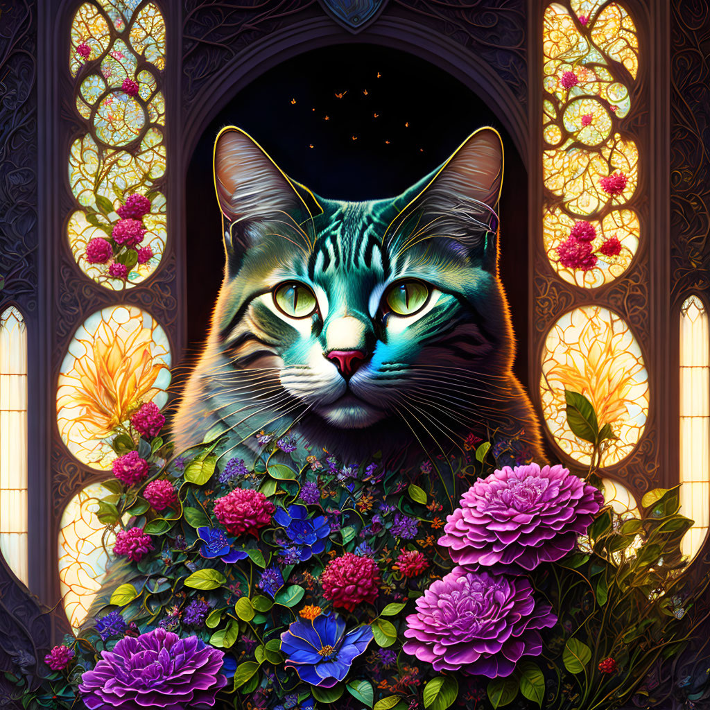 Colorful cat face illustration with stained glass windows, flowers, and starry backdrop