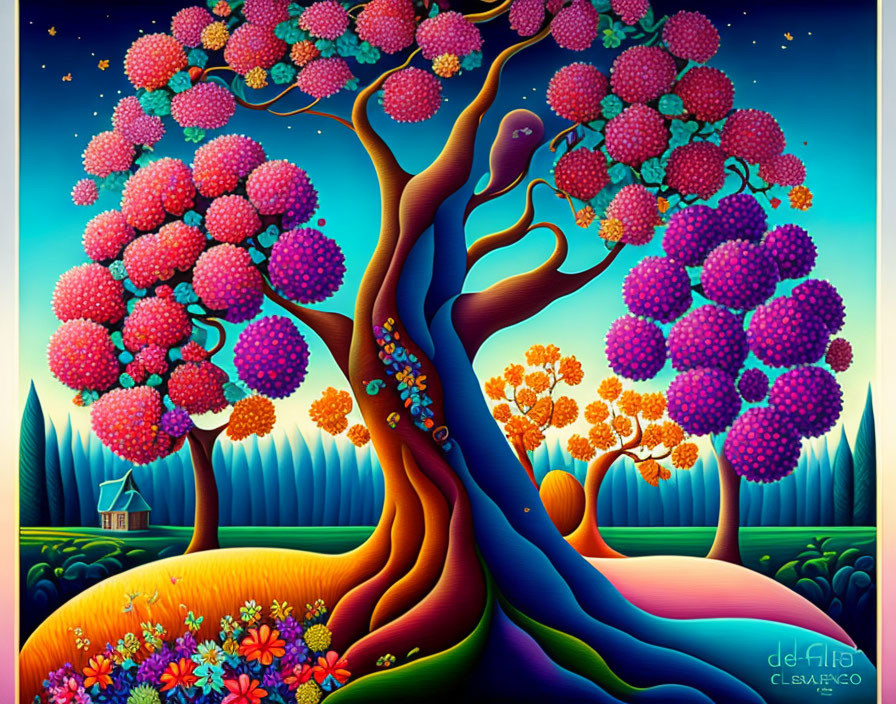 Colorful painting of tree with oversized pink blooms in whimsical landscape