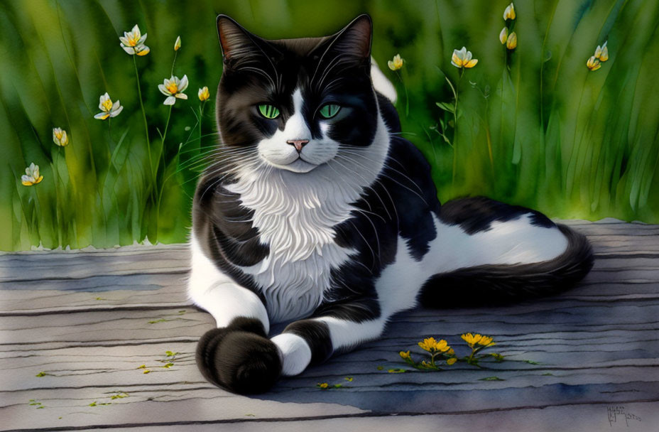 Black and White Cat with Green Eyes on Wooden Surface with Yellow Flowers