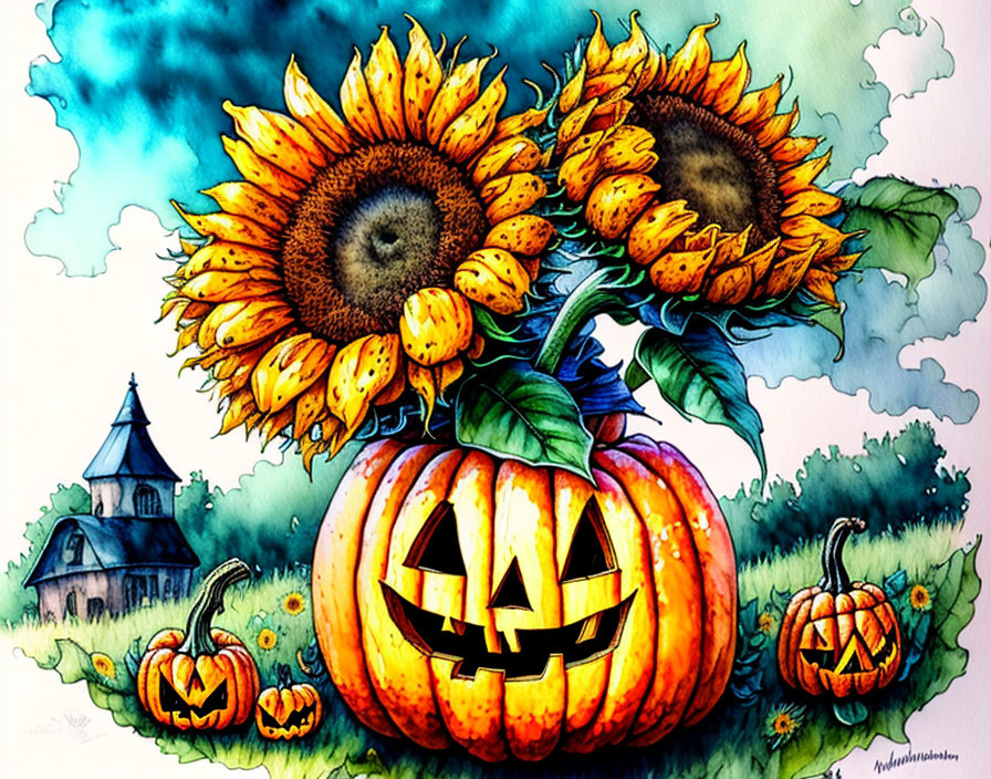 Colorful sunflower and Halloween-themed illustration with church and clouds.