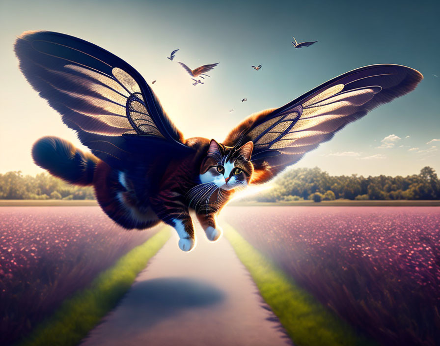 Cat with butterfly wings flying over lavender field at dusk