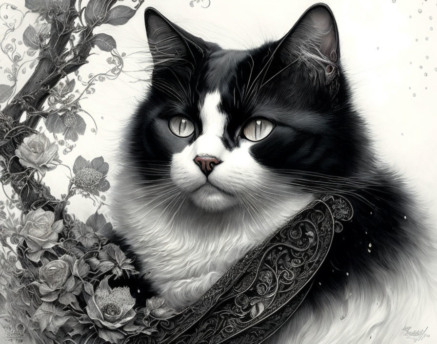 Striking black and white cat with unique markings next to a flowering branch