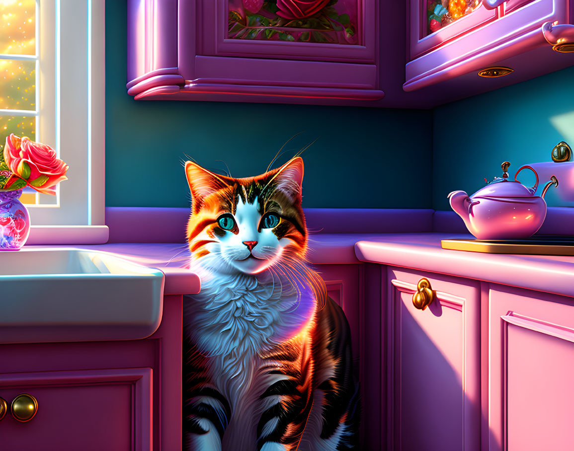 Vibrant domestic cat with striking eyes on purple kitchen counter.