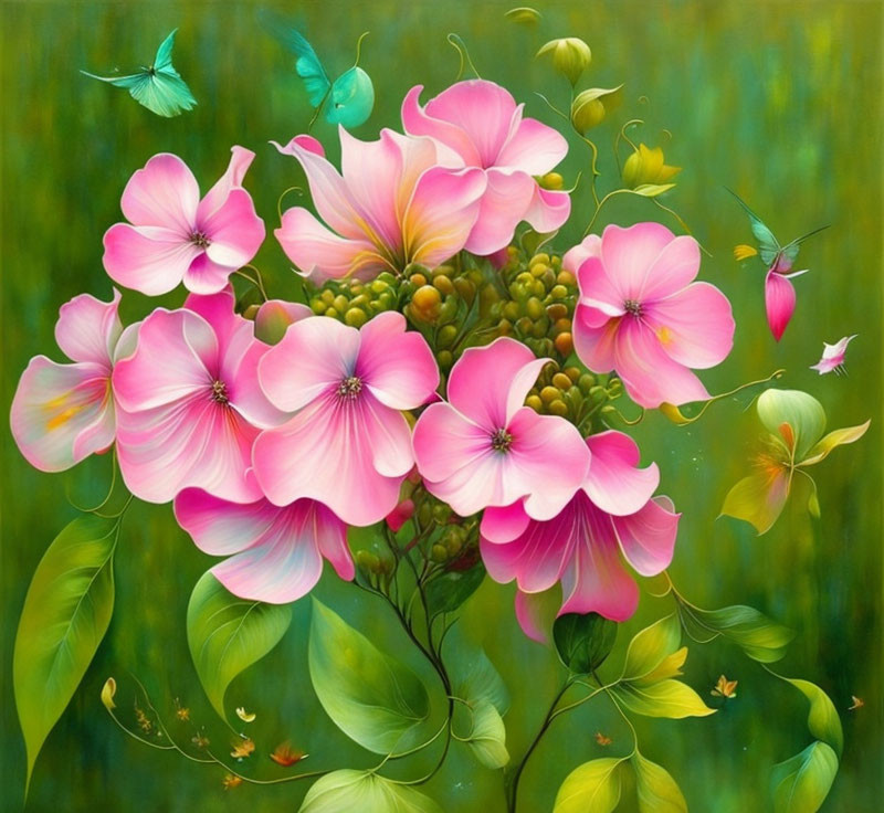 Pink flowers and butterflies in vibrant painting on textured green background