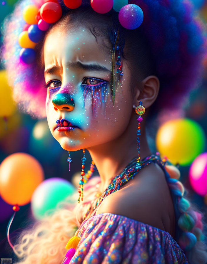 Colorful makeup girl with spheres in somber mood among balloons