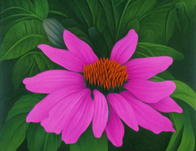 Vivid painting of pink coneflower with orange center and green leaves