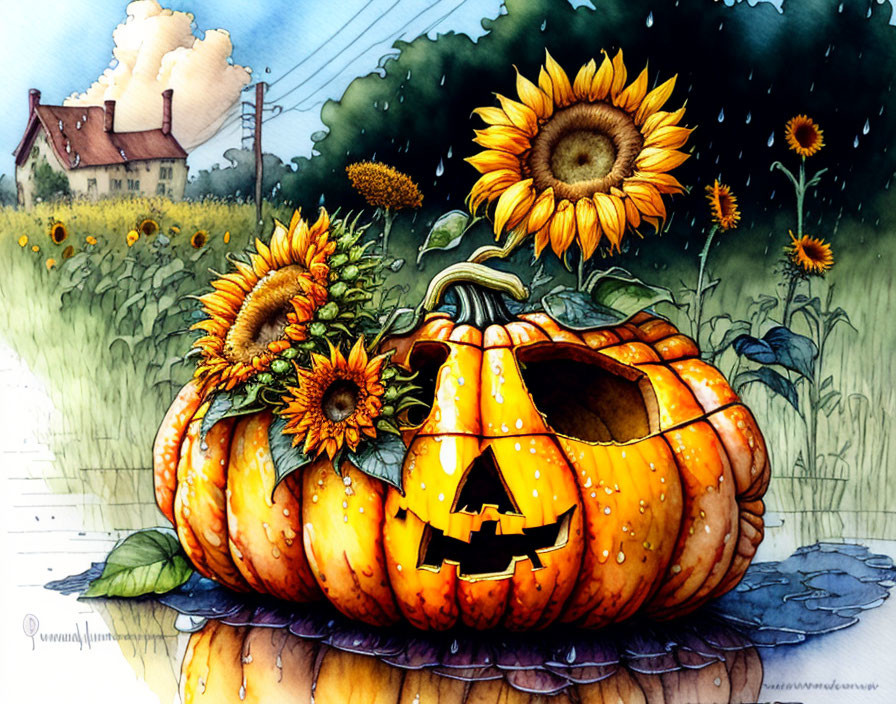 Colorful Pumpkin and Sunflowers in Rural Setting