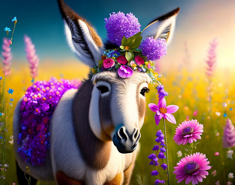 Digitally altered image: Donkey with purple flowers in meadow sunset