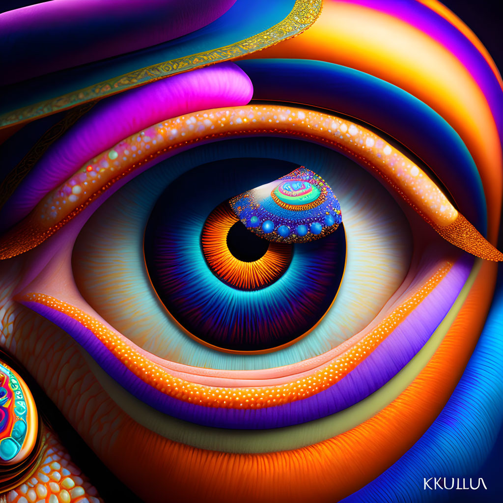 Eye digital artwork with swirling fractal patterns and psychedelic colors