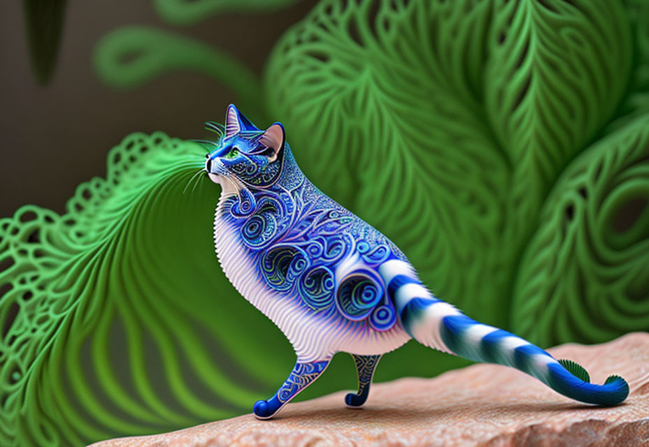 Blue Patterned Cat on Green Fractal Background