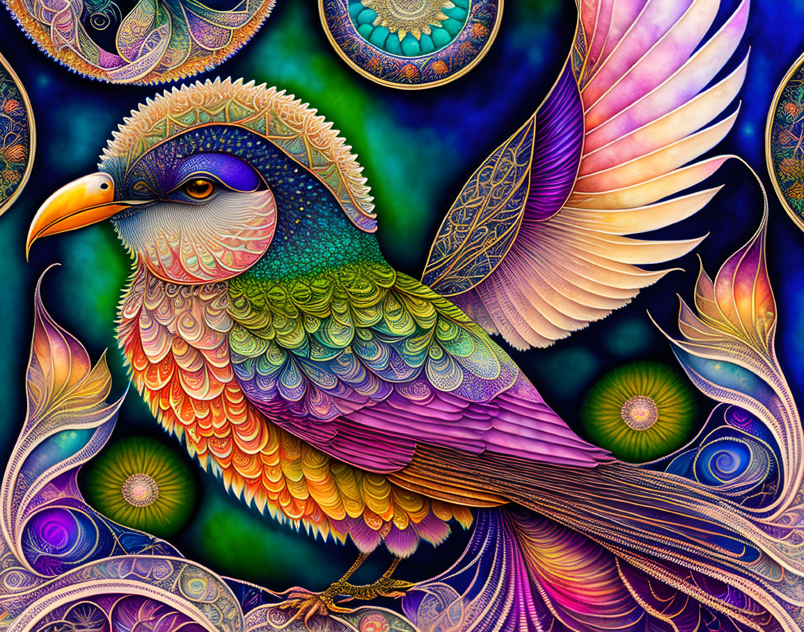 Colorful Bird Illustration with Psychedelic Patterns and Decorative Background