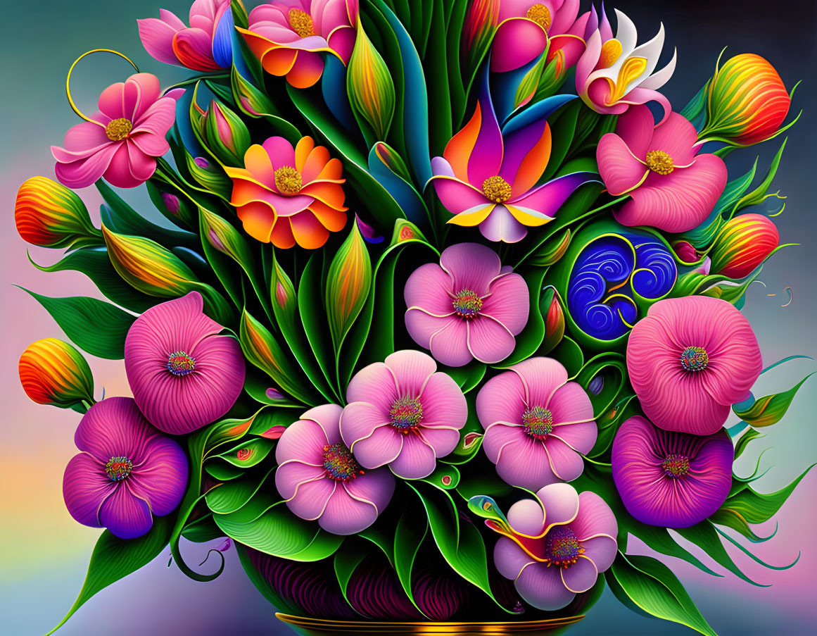 Colorful digital artwork: Lush bouquet with purple, orange, and yellow flowers