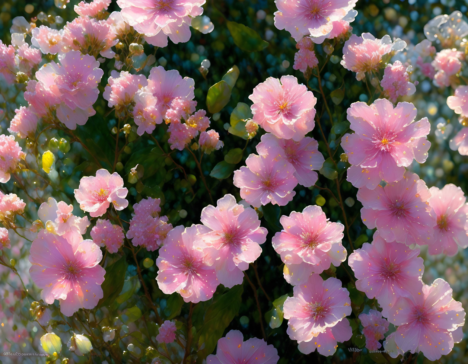 Delicate pink flowers with yellow centers in sunlight and water droplets