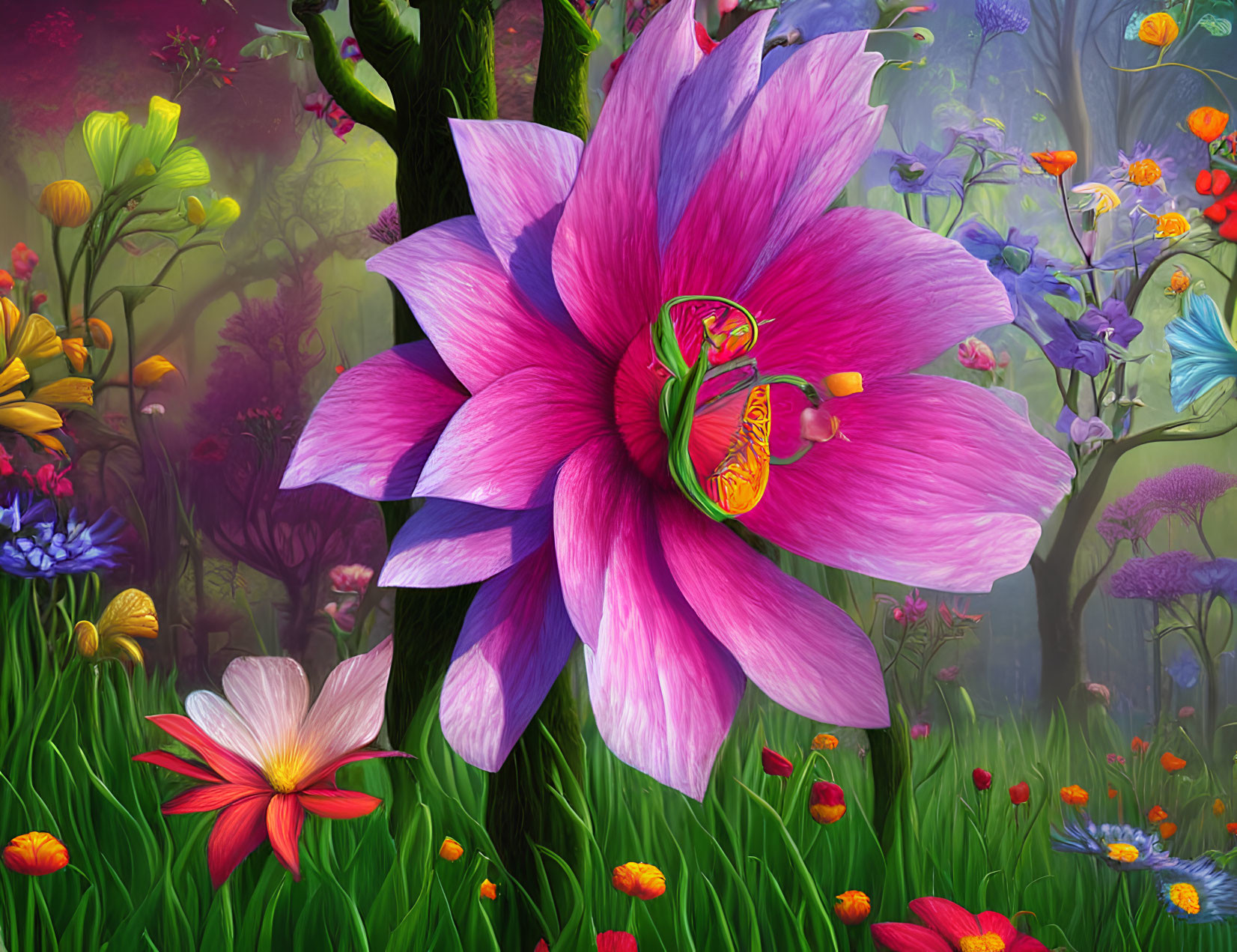 Colorful digital artwork of enchanted forest with large pink flower in foreground