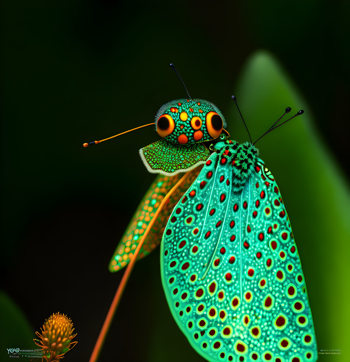 Colorful Butterfly Artwork with Intricate Wing Patterns on Leaf - Dark Background