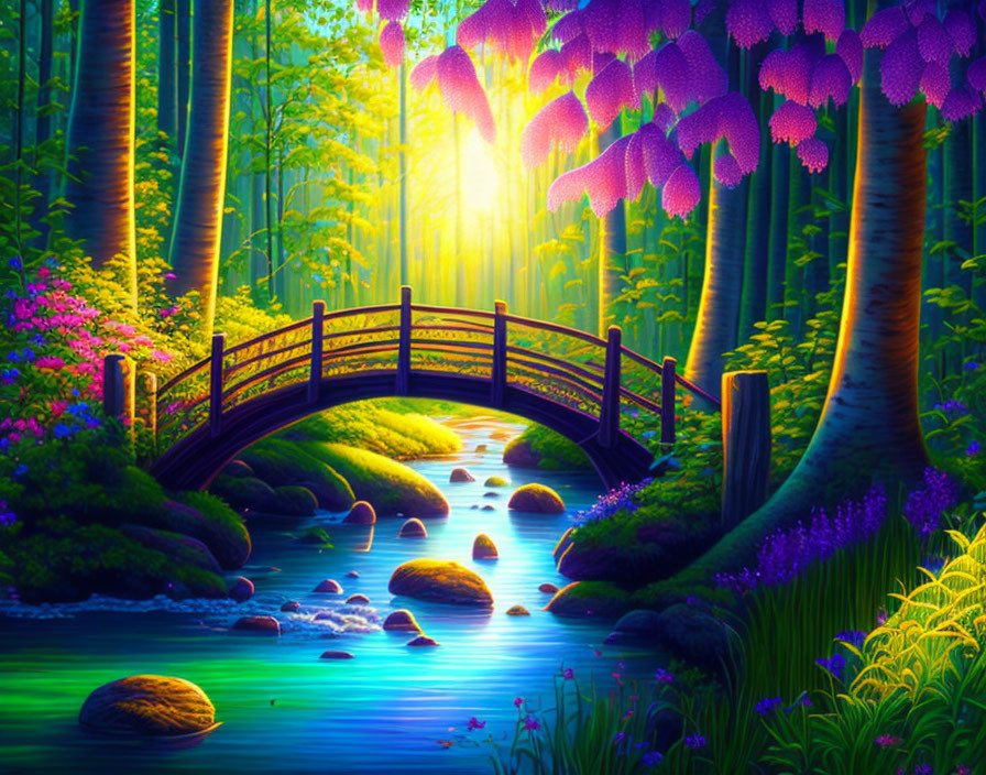 Colorful digital artwork of a whimsical forest with a wooden bridge and sunburst.