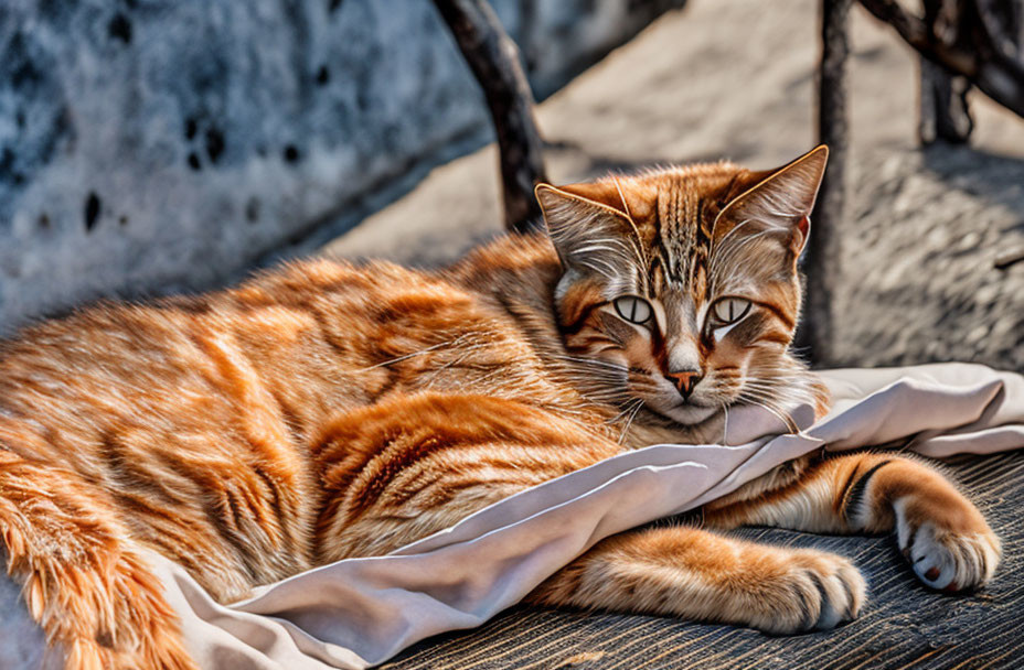 Orange Tabby Cat Lounging on Wooden Surface in Sunlight