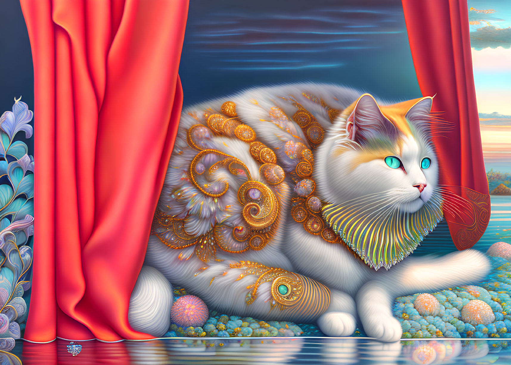 Colorful digital artwork of white and orange cat with golden patterns, set against red curtains and surreal landscape