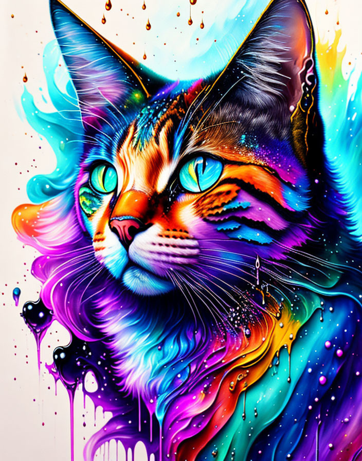 Colorful Cat Illustration with Cosmic Background