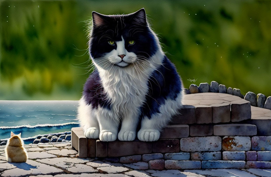 Fluffy black and white cat meets tiny light-colored kitten on stone steps