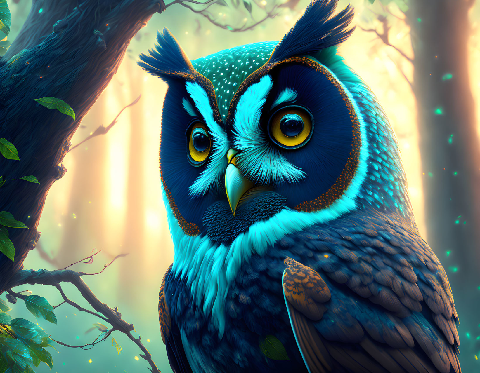 Colorful Stylized Owl Illustration in Enchanted Forest