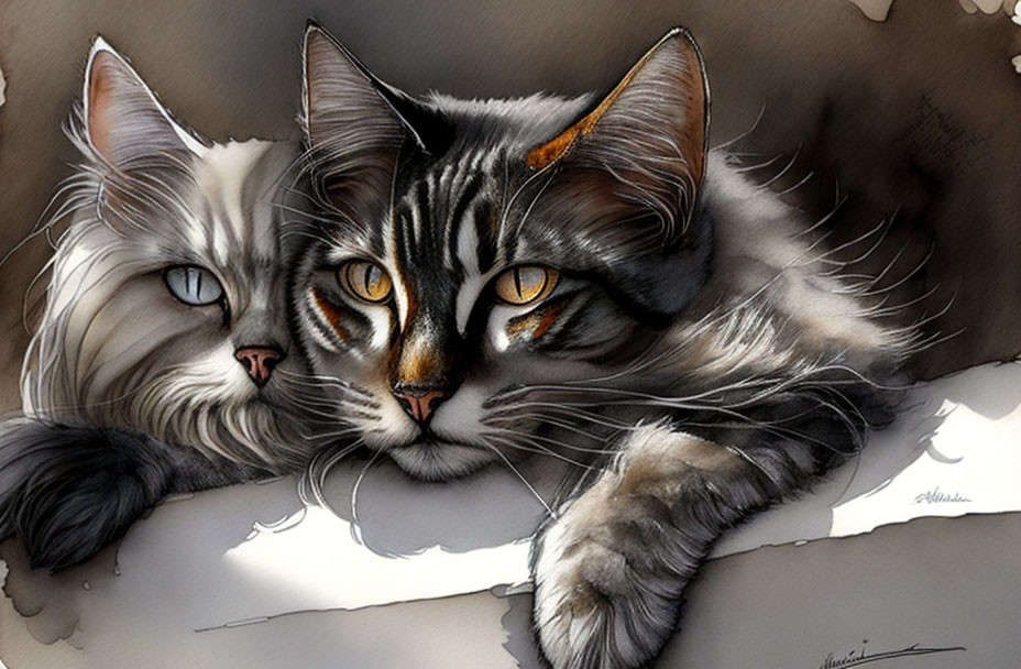 Two cats snuggled: white fluffy and striped with intense gaze