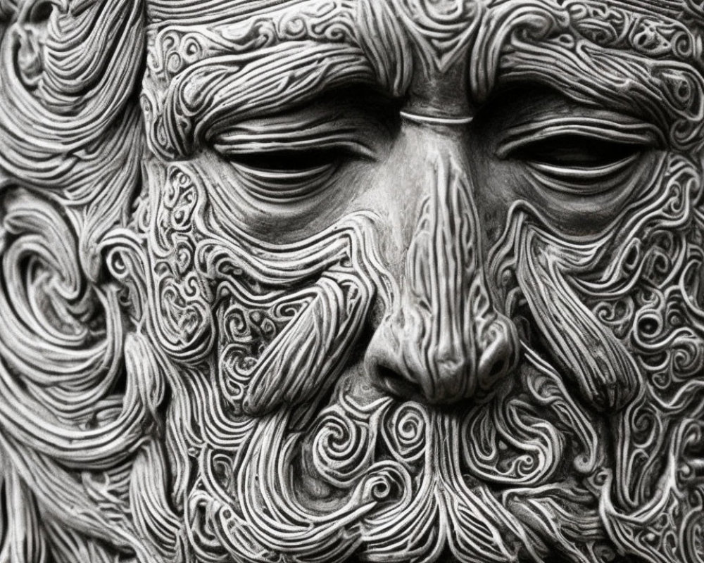 Intricately carved monochromatic sculpture of bearded face