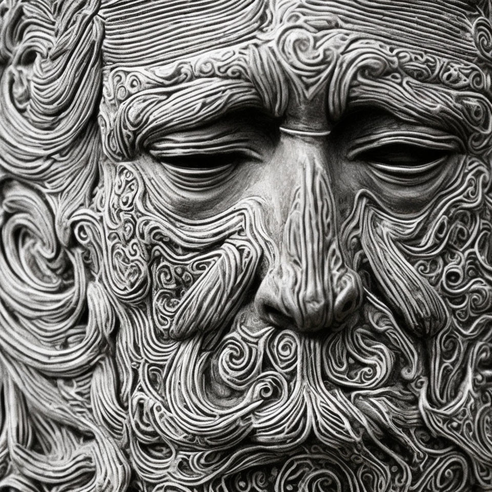 Intricately carved monochromatic sculpture of bearded face