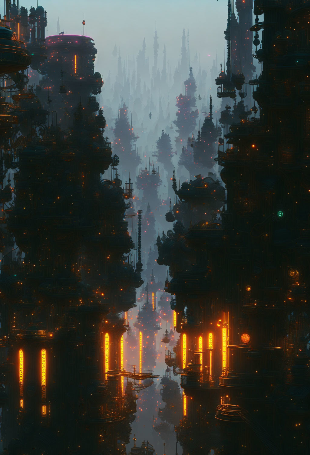 Futuristic cityscape with mist and towering structures lit by warm orange lights