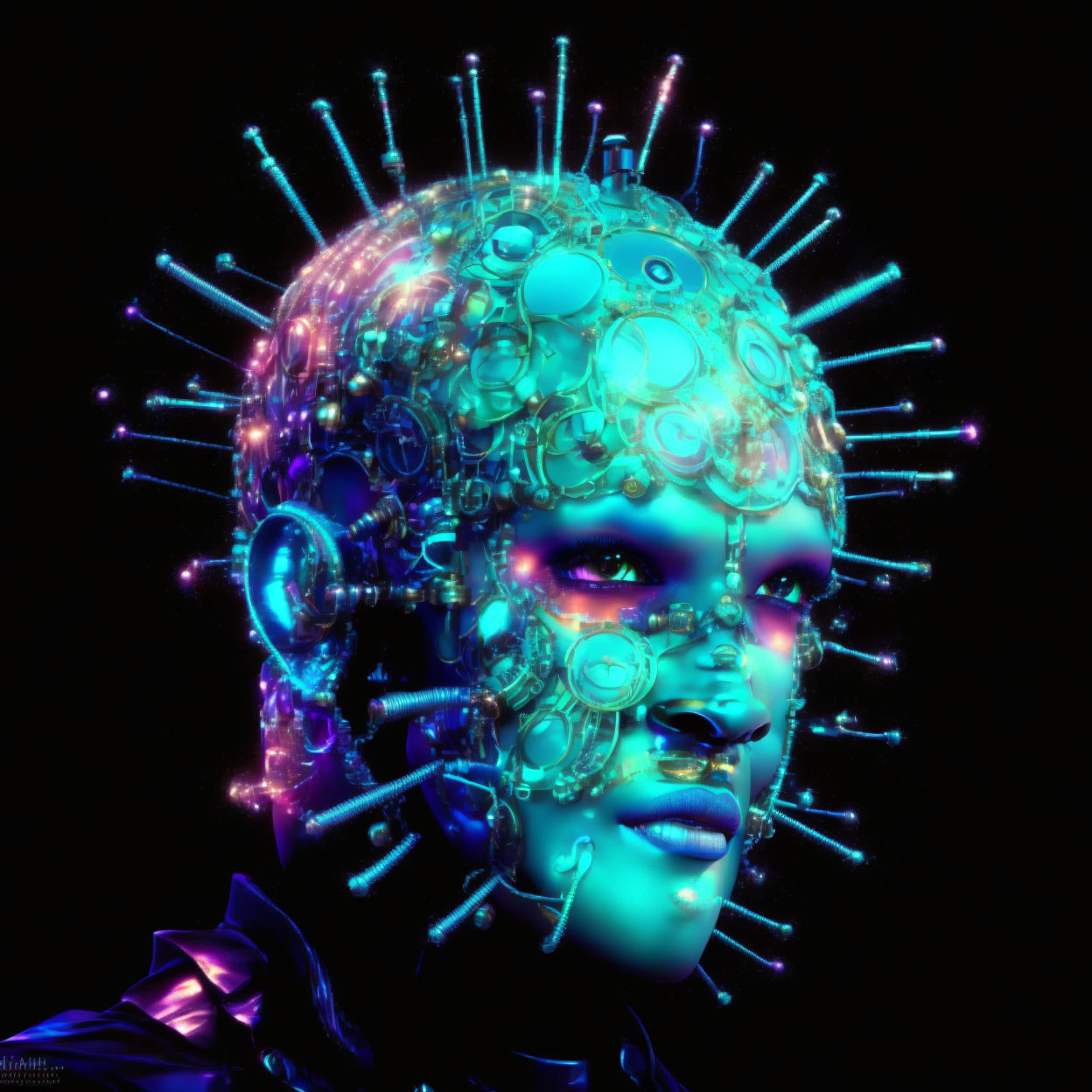 Futuristic digital artwork: luminous head with glowing spikes